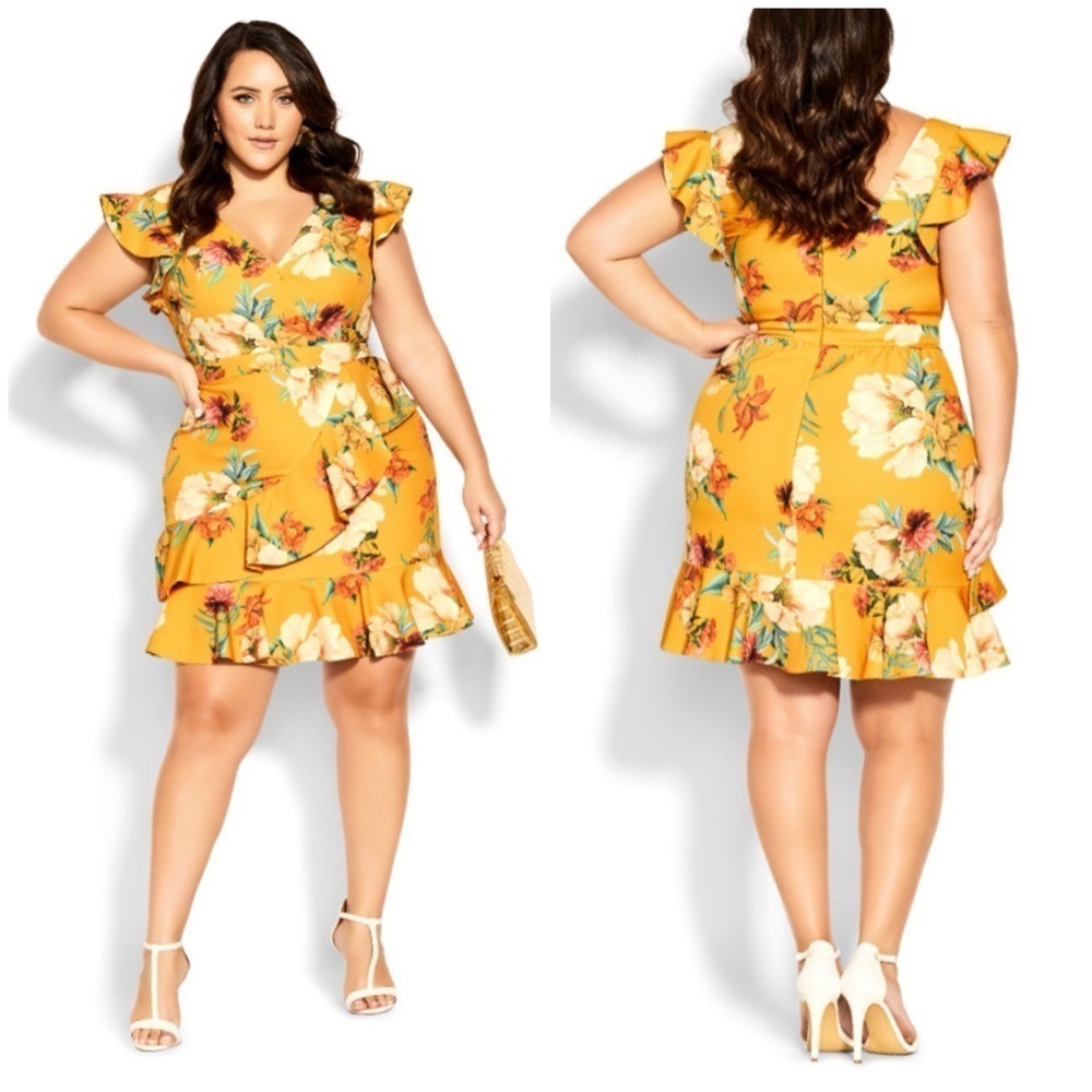 City Chic Floral Golden Dress Short Sleeve Ruffle Sz XXL NWT